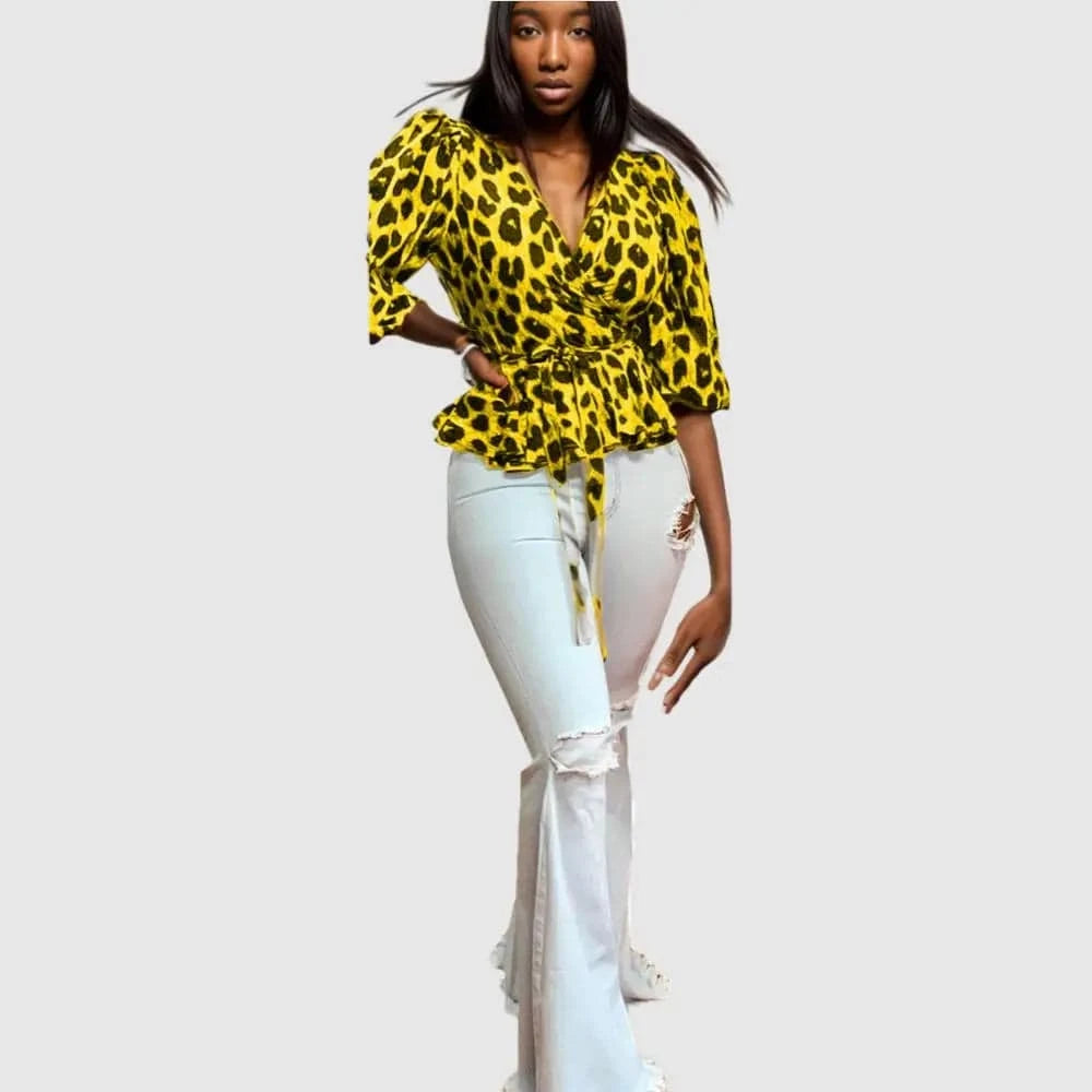 90821-MX71 Leopard Print Ruffles Women's Leopard Blouses & Shirts Sehefashion