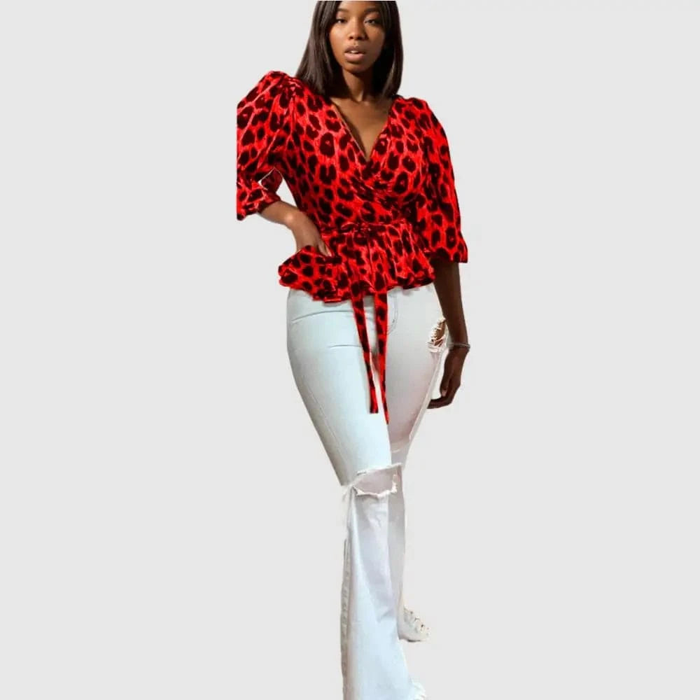 90821-MX71 Leopard Print Ruffles Women's Leopard Blouses & Shirts Sehefashion