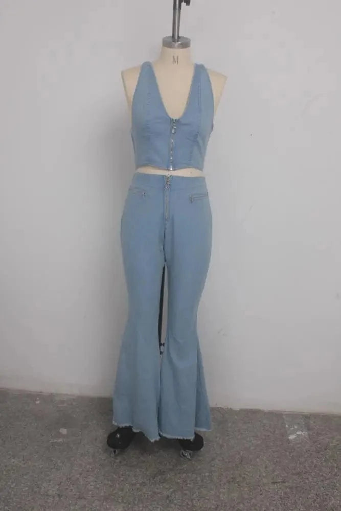 90903-MX44 halter design boot cut wide straight jeans women denim two pieces set