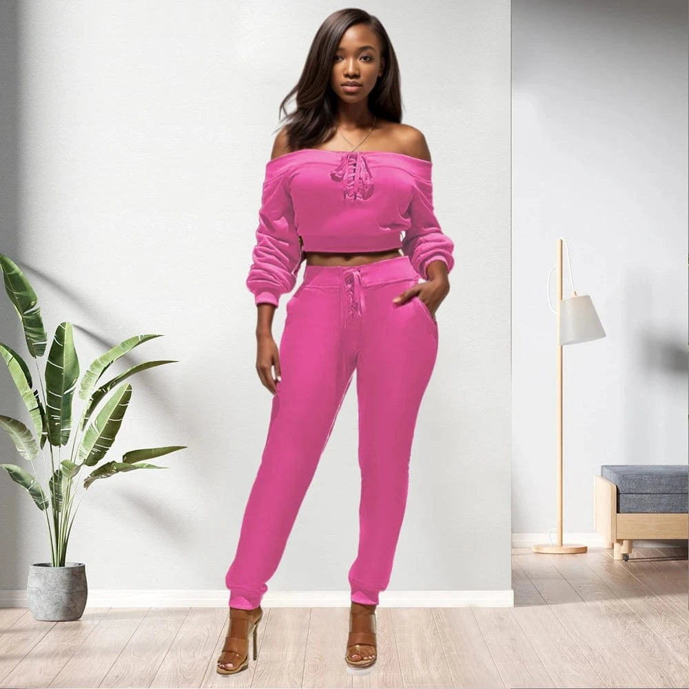 90906-MX23 New Design 5 Colors Bandage Off Shoulder Two Piece Set For Women