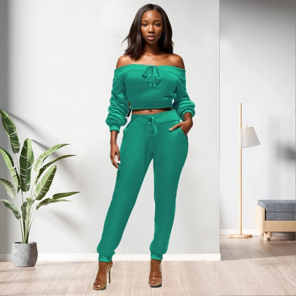 90906-MX23 New Design 5 Colors Bandage Off Shoulder Two Piece Set For Women