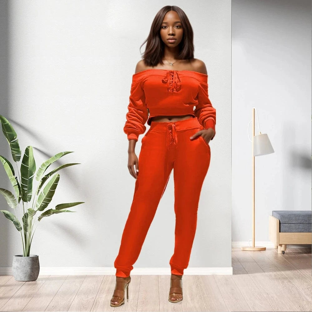 90906-MX23 New Design 5 Colors Bandage Off Shoulder Two Piece Set For Women