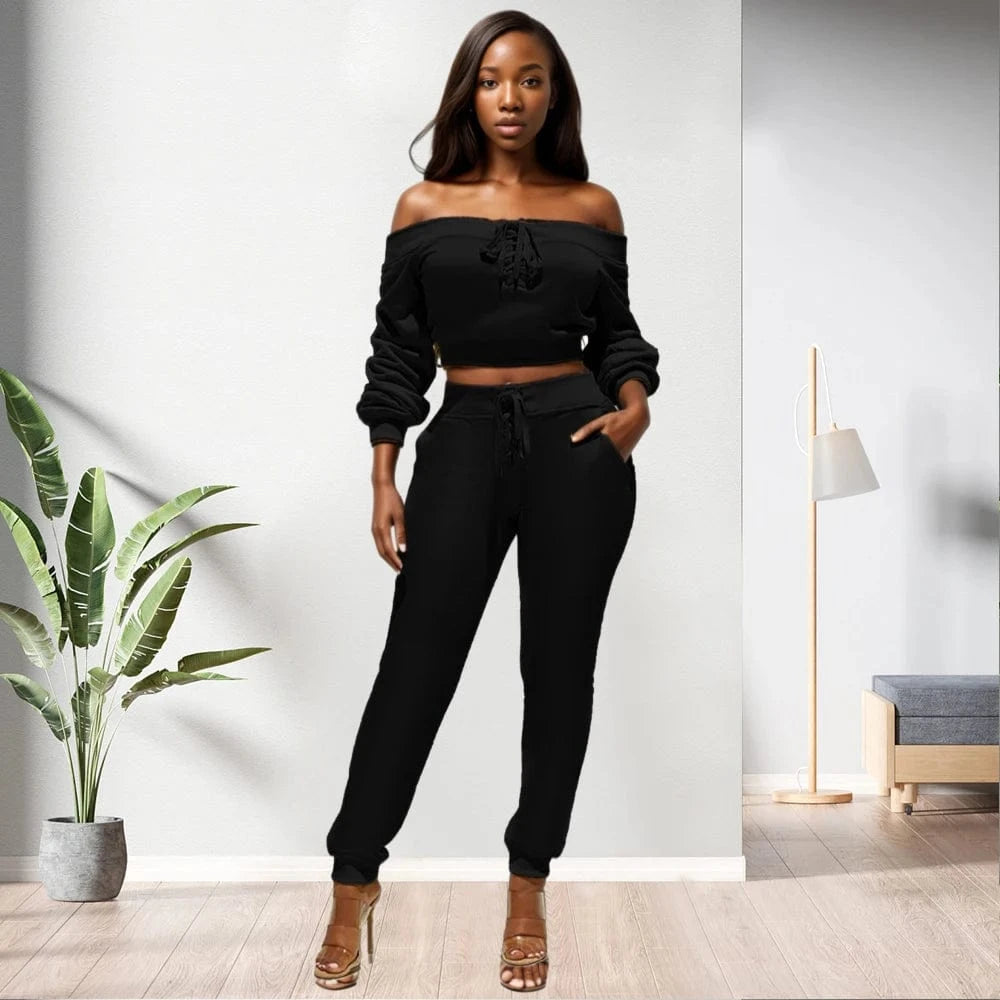 90906-MX23 New Design 5 Colors Bandage Off Shoulder Two Piece Set For Women