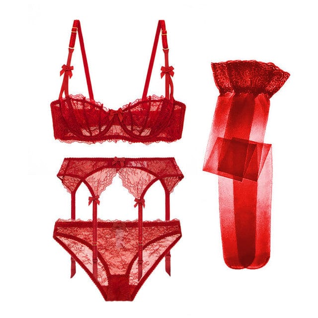 90E / Red 2022 New Women's Sexy Underwear Lace Bra & Brief Sets 4 Pcs Sexy Lingeries