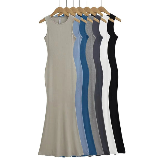 91% Modal 9% elastane Ribbed Women Sleeveless Tank top Dress Bodycon solid Women Long dress