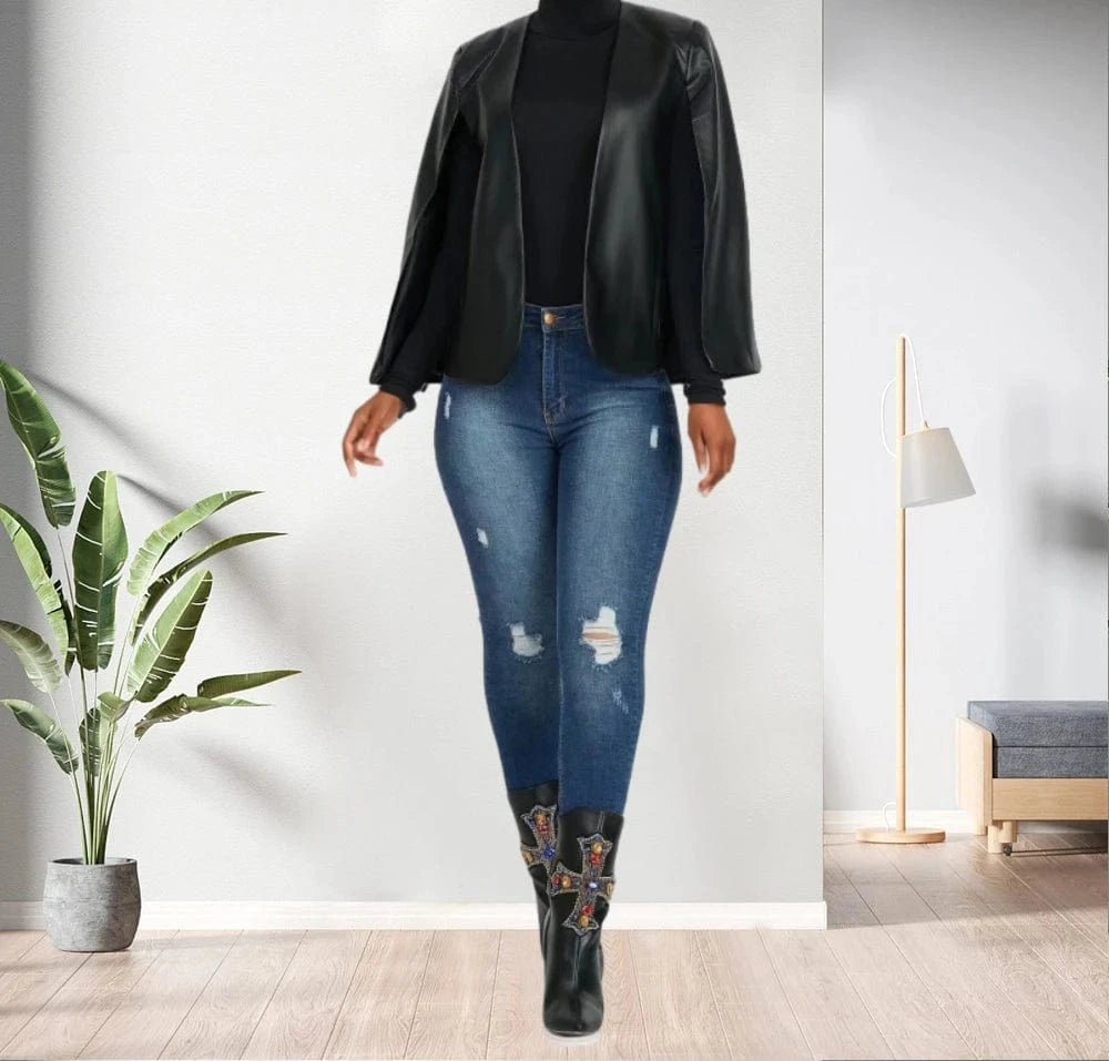 91129-MX70 latest PU black cloak jackets sehe fashion for women