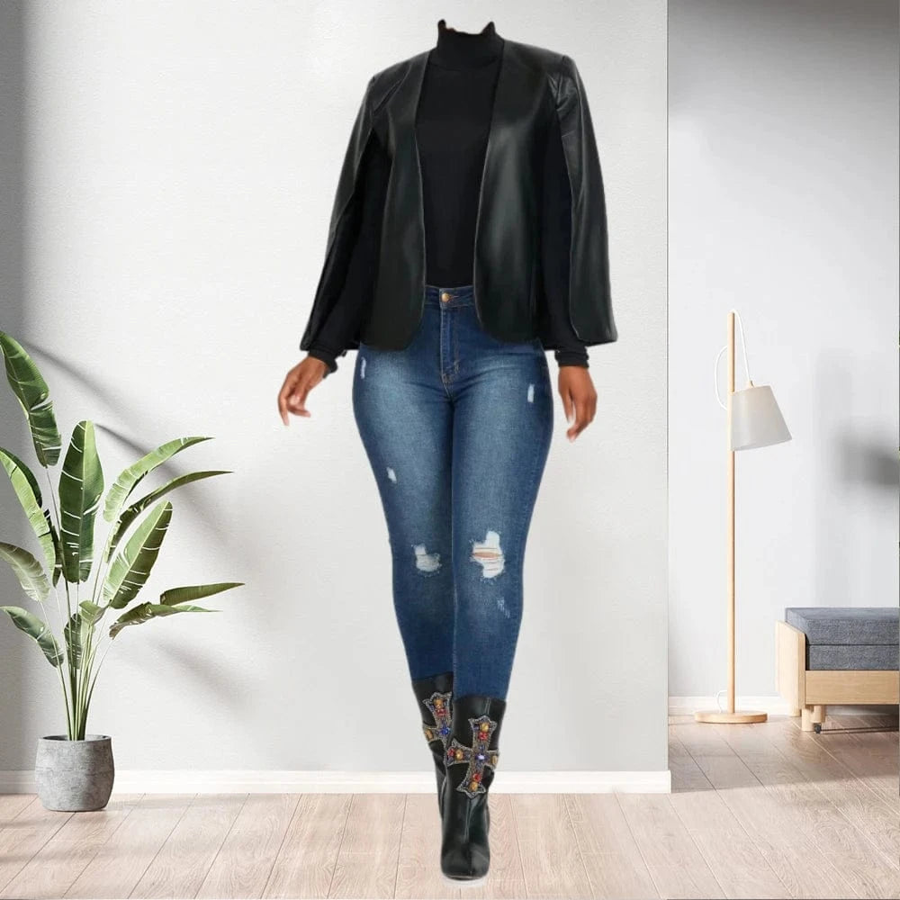 91129-MX70 latest PU black cloak jackets sehe fashion for women