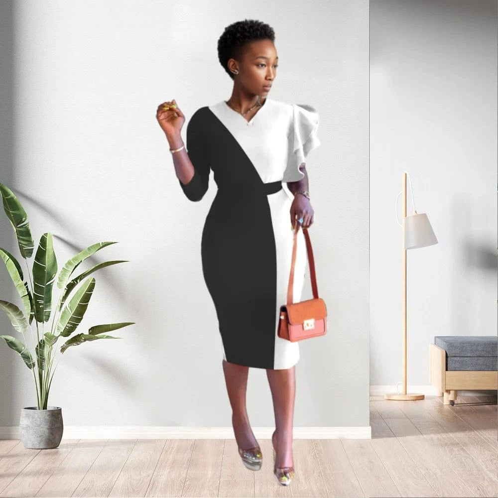 91206-MX15 sehe fashion office wear one sleeve contrast color ladies dress