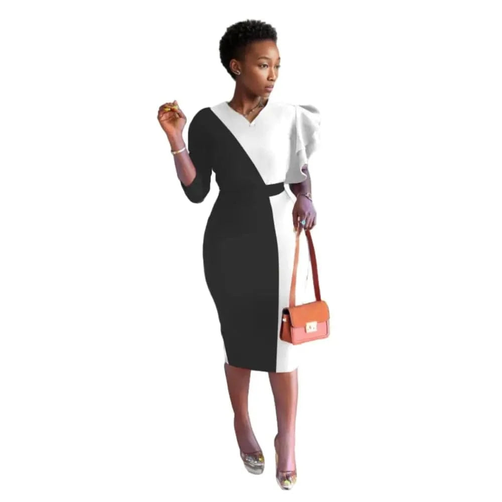 91206-MX15 sehe fashion office wear one sleeve contrast color ladies dress