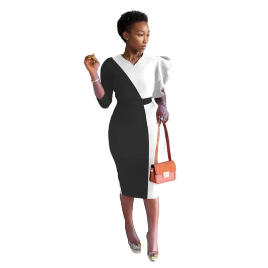 91206-MX15 sehe fashion office wear one sleeve contrast color ladies dress