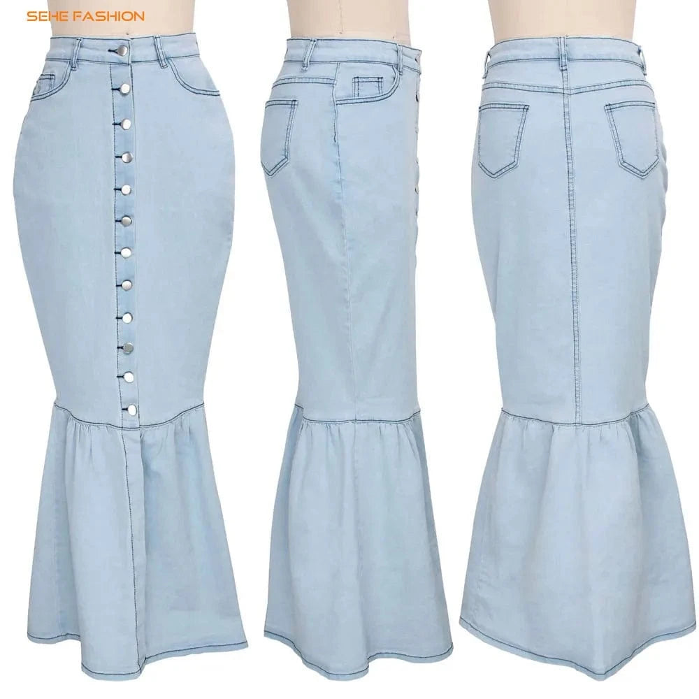 91211-MX22 sehe fashion ruffles design long denim skirts for girls