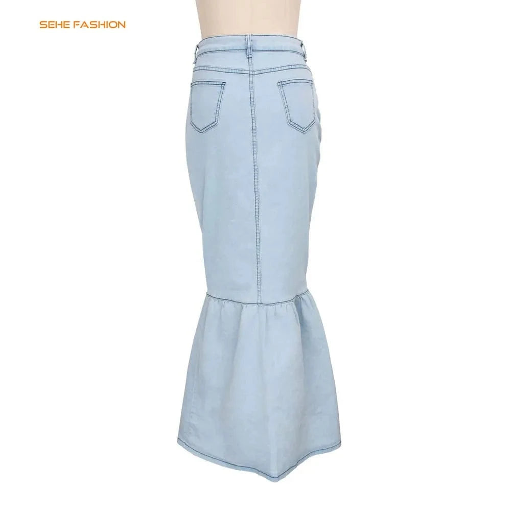 91211-MX22 sehe fashion ruffles design long denim skirts for girls