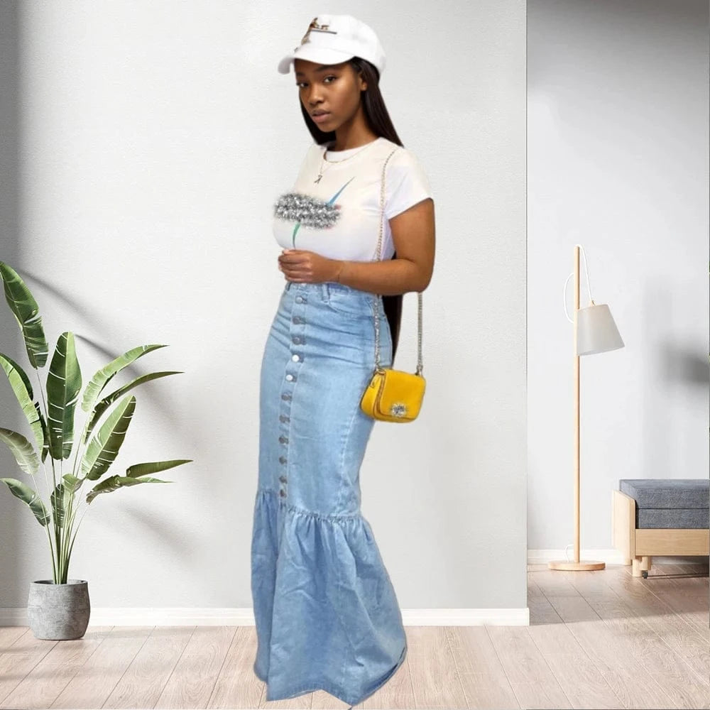 91211-MX22 sehe fashion ruffles design long denim skirts for girls