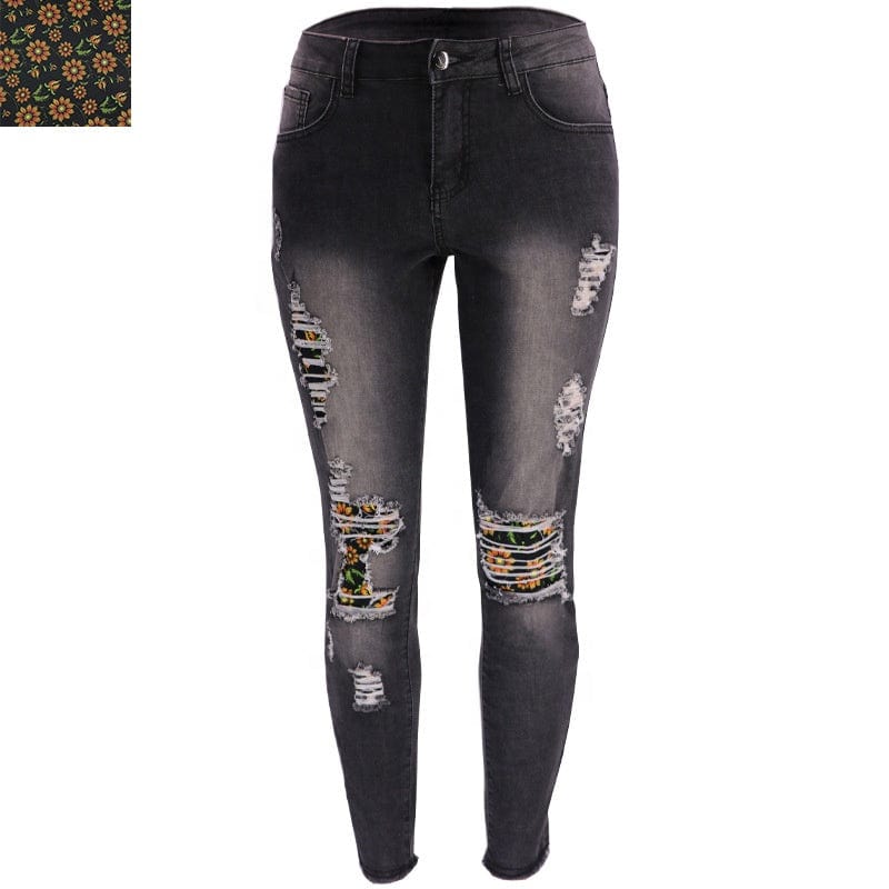 9136 New fashion spring fall 2023 women clothes casual floral patches ladies denim trousers ripped jeans legging women's jeans