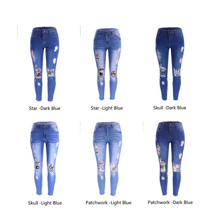 9136 New fashion spring fall 2023 women clothes casual floral patches ladies denim trousers ripped jeans legging women's jeans