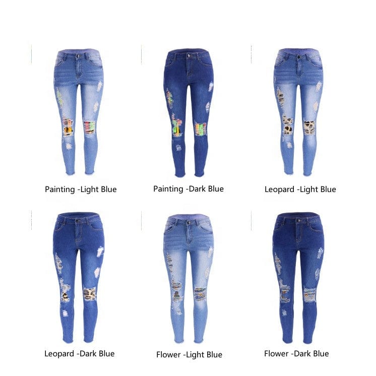 9136 New fashion spring fall 2023 women clothes casual floral patches ladies denim trousers ripped jeans legging women's jeans