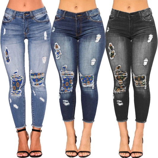 9136 New fashion spring fall 2023 women clothes casual floral patches ladies denim trousers ripped jeans legging women's jeans