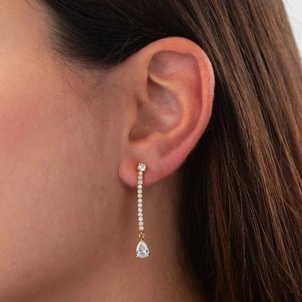925 silver sparkle tennis earring single row diamond long tassel drop zircon gold plated stud earrings for women