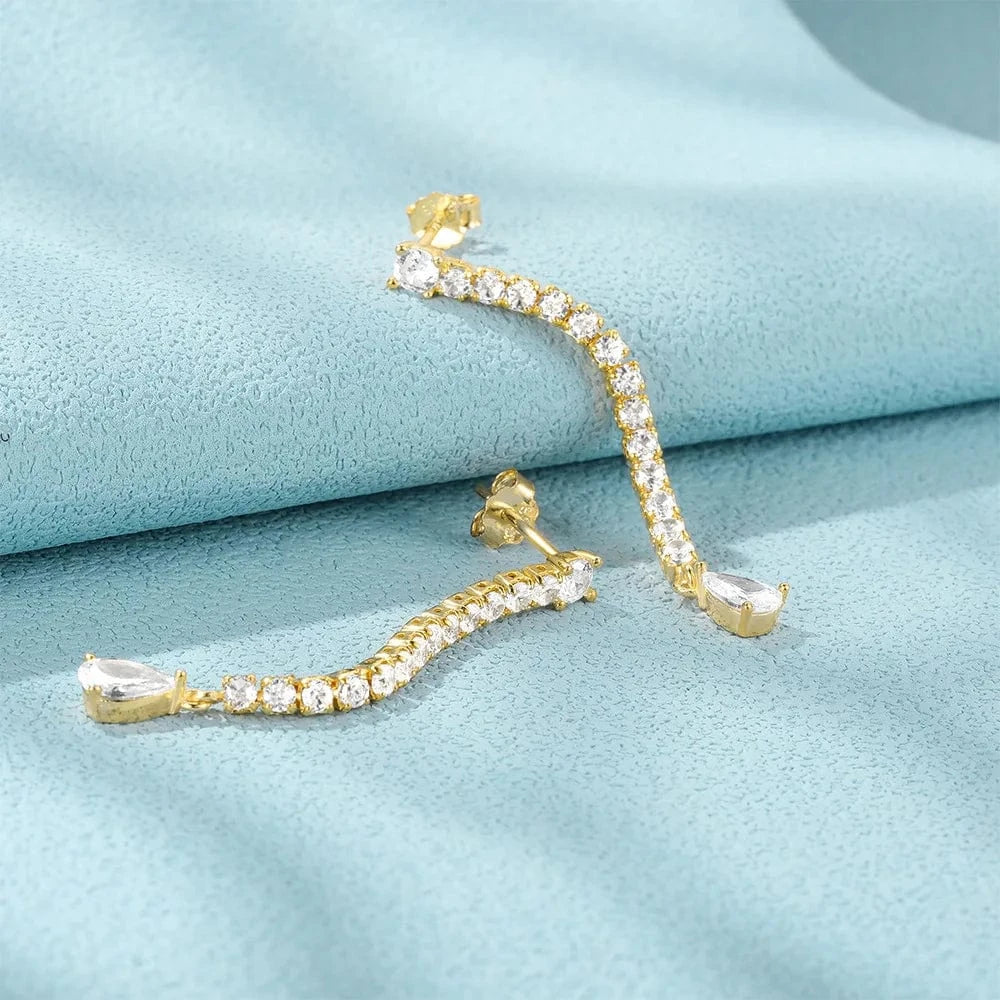 925 silver sparkle tennis earring single row diamond long tassel drop zircon gold plated stud earrings for women
