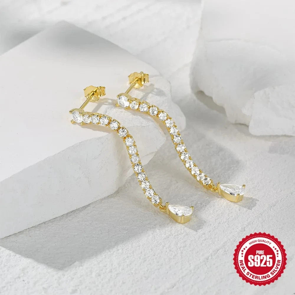 925 silver sparkle tennis earring single row diamond long tassel drop zircon gold plated stud earrings for women