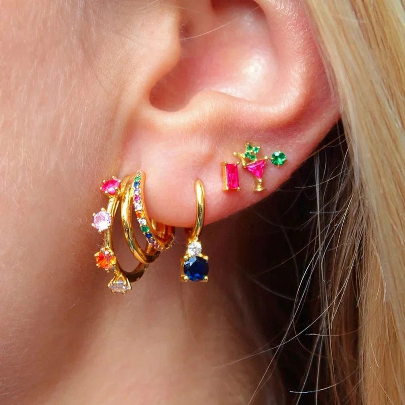 925 sterling silver earrings wholesale multicolored four-claw zircon pendant gold plated hoop earrings jewelry women