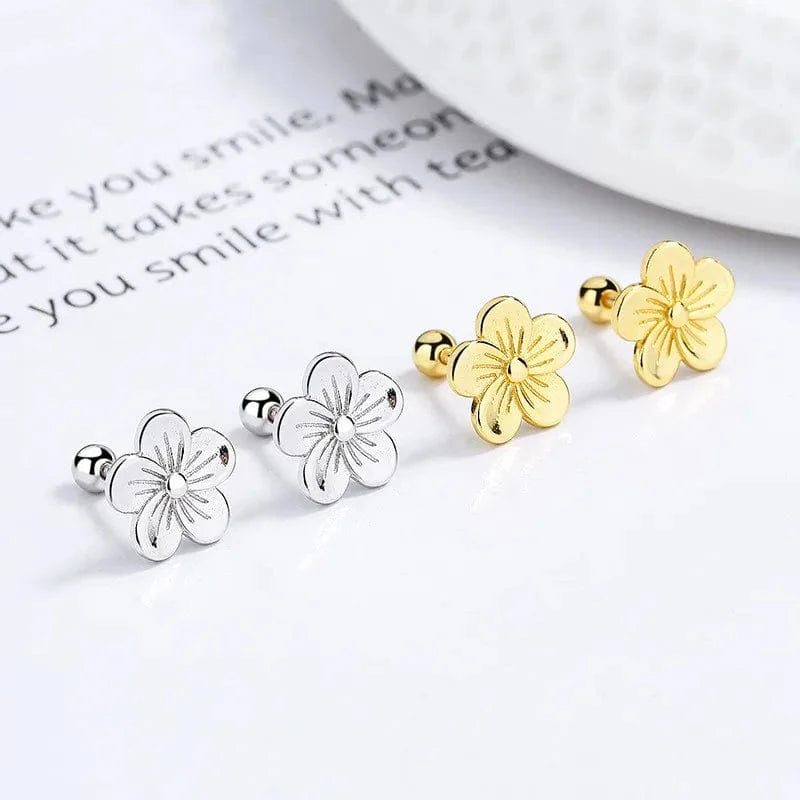 925 sterling silver thread earring flower five petals peach blossom gold plated stud earrings for women
