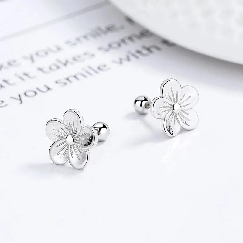 925 sterling silver thread earring flower five petals peach blossom gold plated stud earrings for women