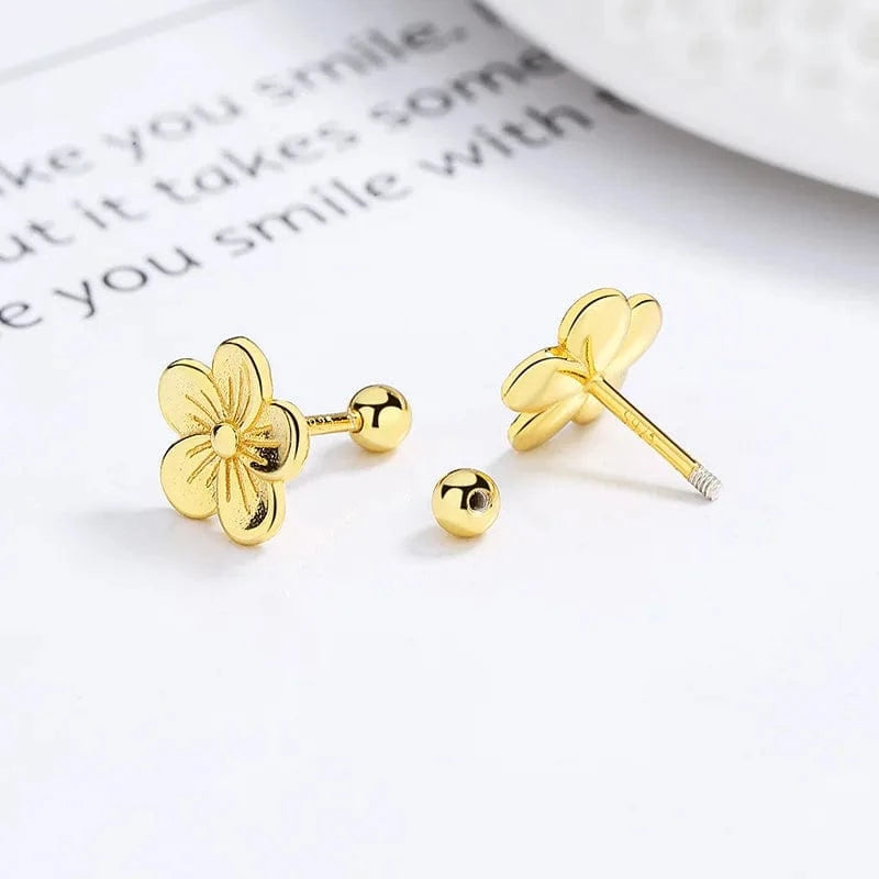 925 sterling silver thread earring flower five petals peach blossom gold plated stud earrings for women