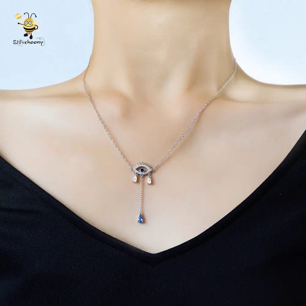 925 Sterling Silver Y Shape Collare Jewelry Cubic Zirconia Link Chain Crystal Water Drop Evil Blue Eye Pendant Necklaces