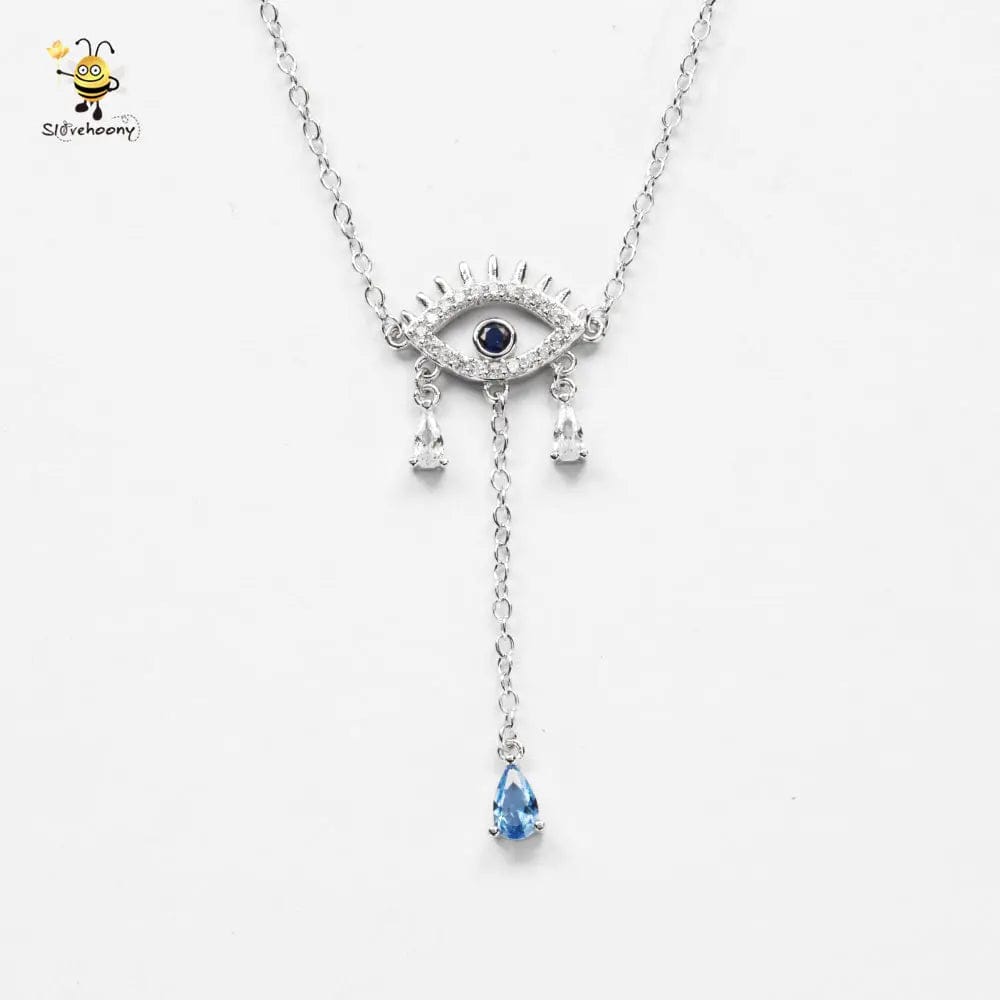 925 Sterling Silver Y Shape Collare Jewelry Cubic Zirconia Link Chain Crystal Water Drop Evil Blue Eye Pendant Necklaces