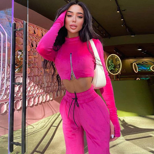 9811 Velvet Long Sleeve Zipper High Waist Crop Top Casual Long Pants Women'S Sets 2022 New Sportsuit Winter American Clothing