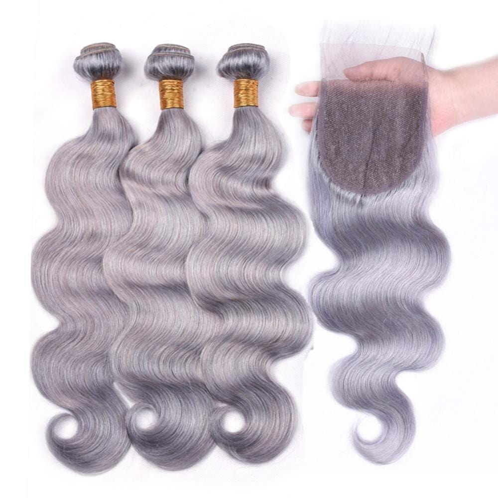9A Grade Silver Gray Human Hair Virgin Brazilian Hair Weaves 3 Bundles with Closure body wave Colored Grey Human Hair Bundle