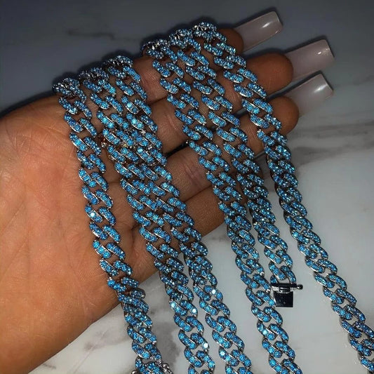 9mm full ocean blue cubic zirconia cz cuban link chain women necklace
