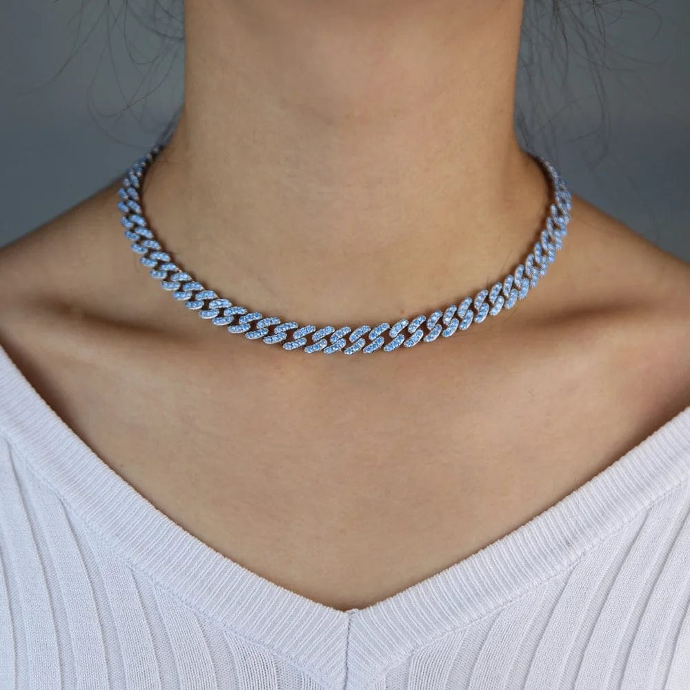 9mm full ocean blue cubic zirconia cz cuban link chain women necklace