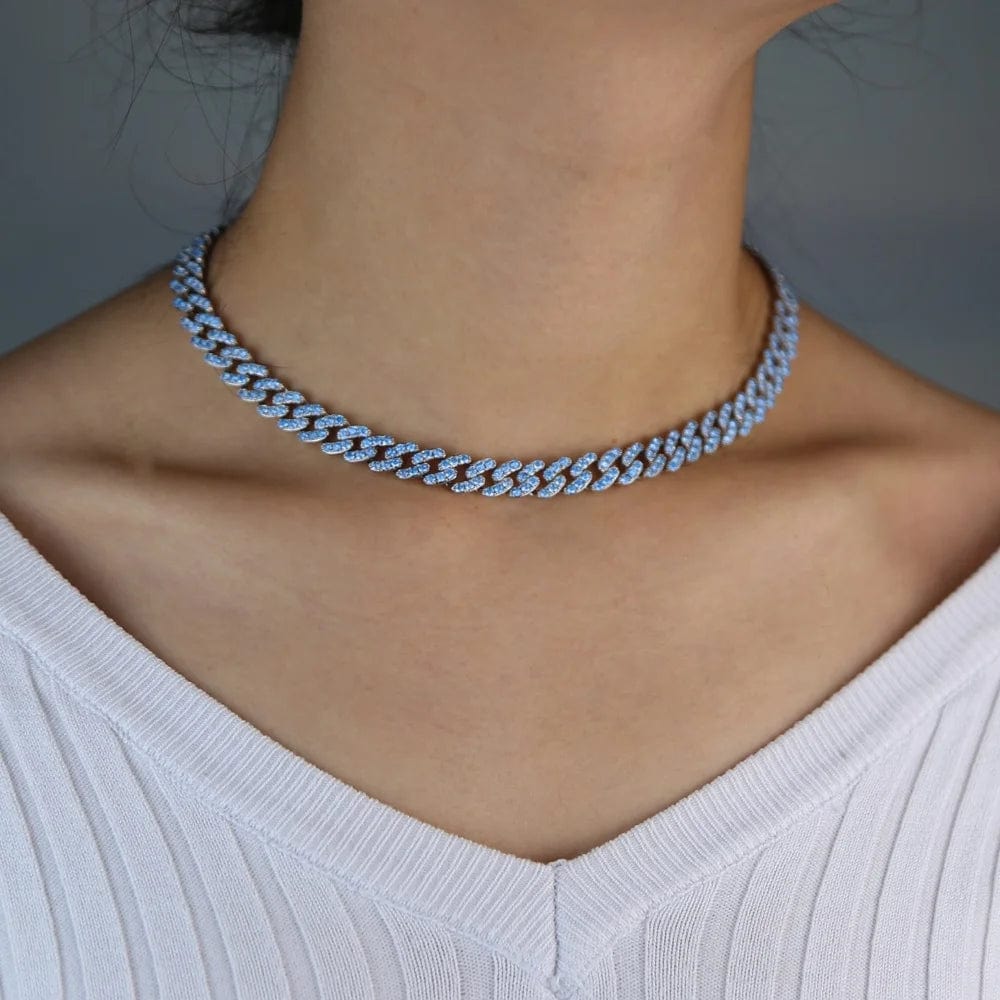 9mm full ocean blue cubic zirconia cz cuban link chain women necklace