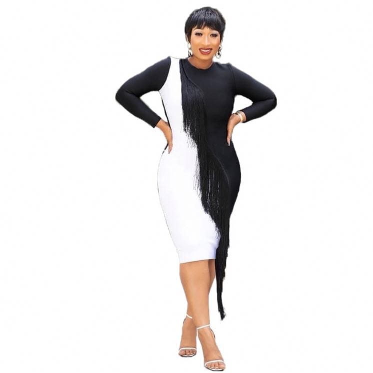 9S03943 popular white black contrasting color spliced tassel 2019 New Arrival Lady Dress Woman