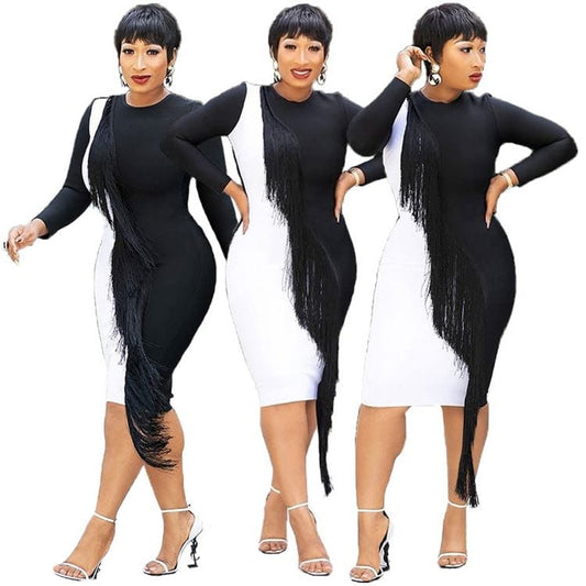 9S03943 popular white black contrasting color spliced tassel 2019 New Arrival Lady Dress Woman