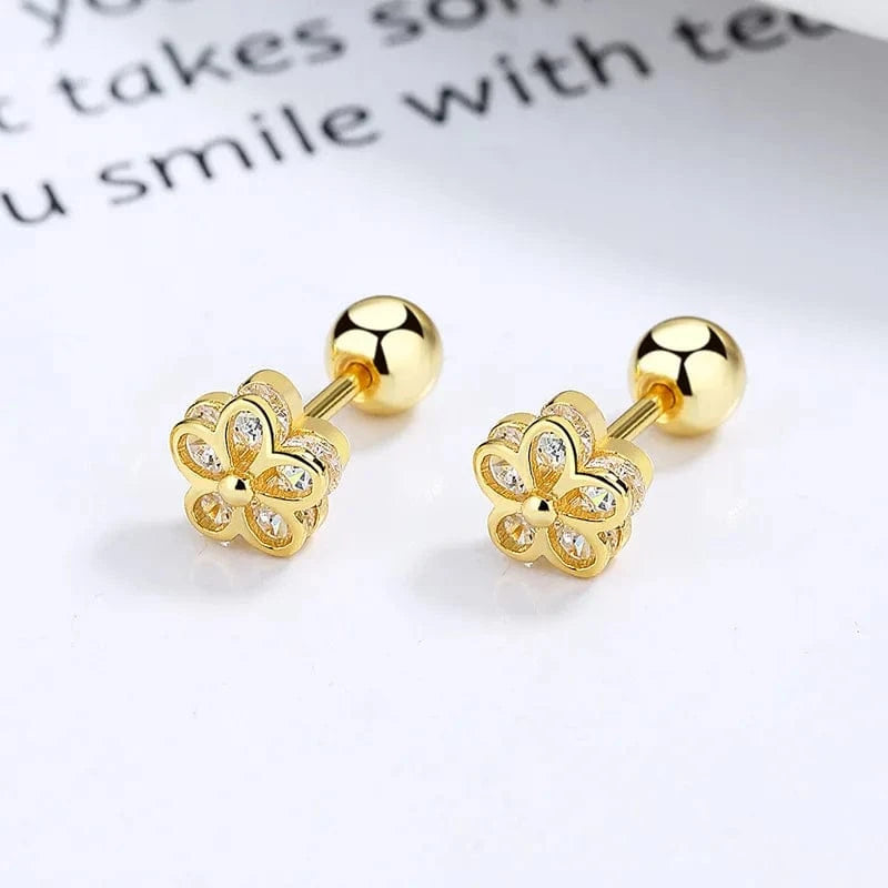 A-15-12 gold fashion jewelry 925 sterling silver threaded earring flower five petals zircon gold plated stud earrings for women