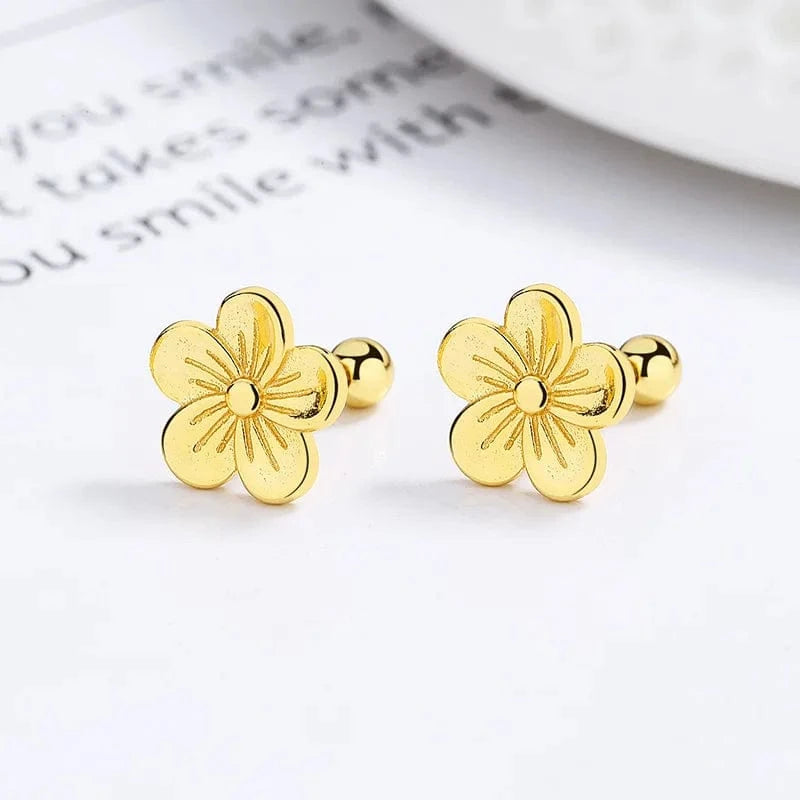 A-31-18 gold 925 sterling silver thread earring flower five petals peach blossom gold plated stud earrings for women
