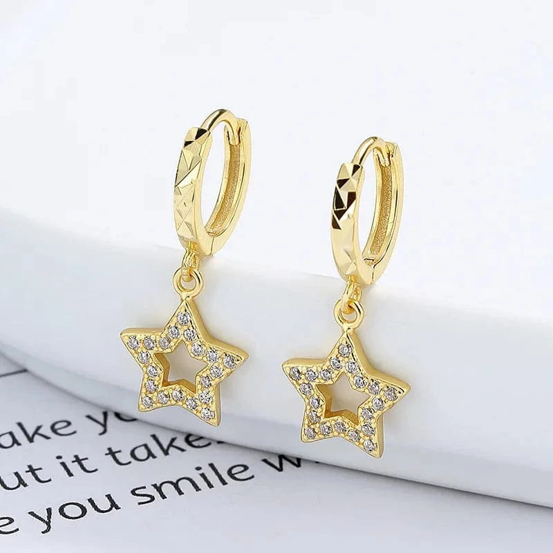 A-54-20 gold, star American European 925 sterling silver hollow love heart star zircon gold plated hoop earrings for women Valentine's Day
