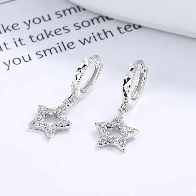 A-54-20 silver, star American European 925 sterling silver hollow love heart star zircon gold plated hoop earrings for women Valentine's Day