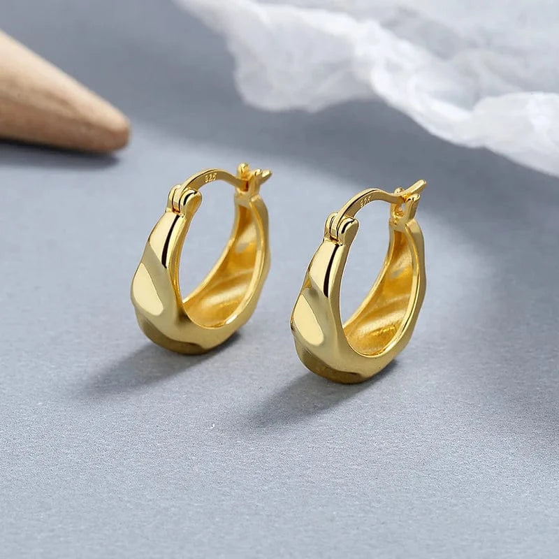A-60-19 gold fashion jewelry 925 sterling silver minimalist earrings ripple surface U shape gold plated hoop earrings for women