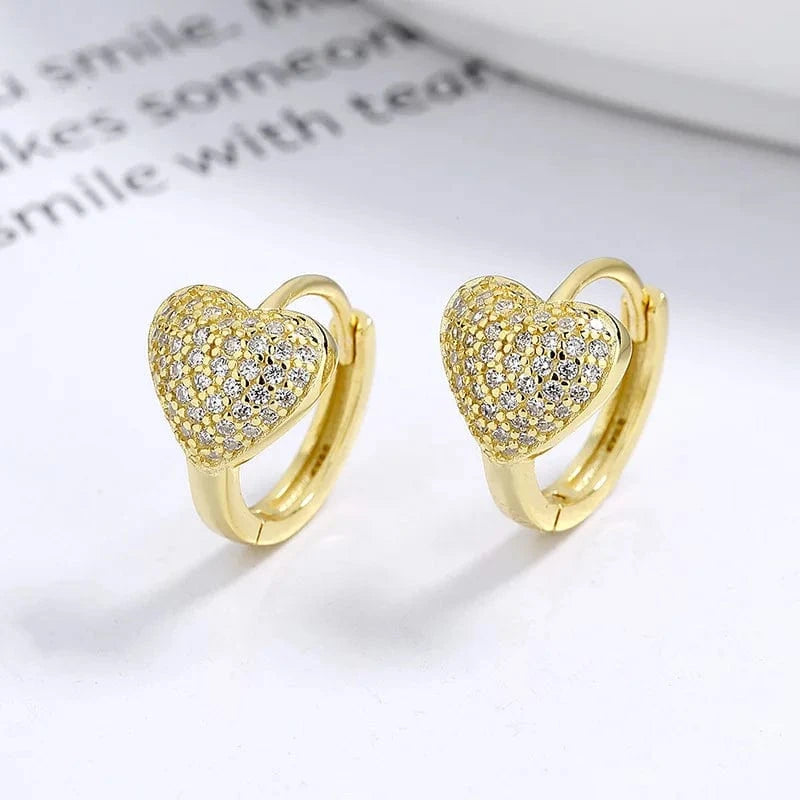 A-61-07 gold fine jewelry 925 sterling silver heart earrings love heart full diamond zircon gold plated hoop earrings for women