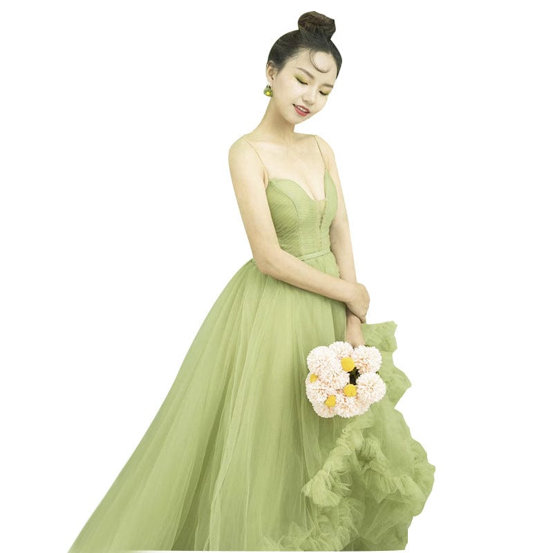 A Line Light Champagne Spaghetti Straps Ruffles Bridal Gown Organza Hemline Pleating Tulle Evening Dress Vestido de novia