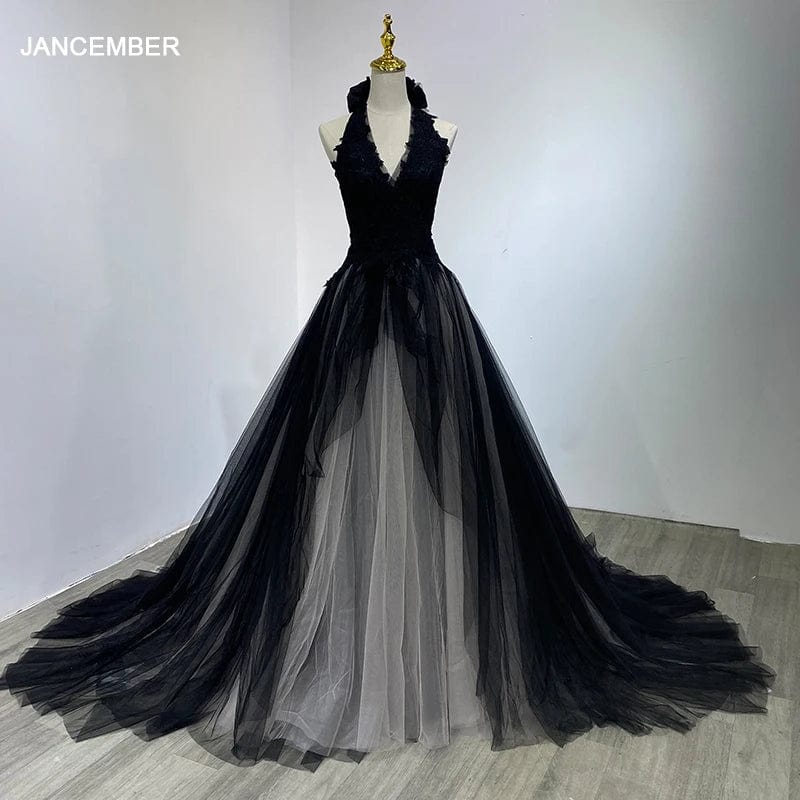 A-line V-neck Black Wedding Dresses Real Photos Floor Length Sleeveless Lace Appliques Tiered Bridal Dress WM06