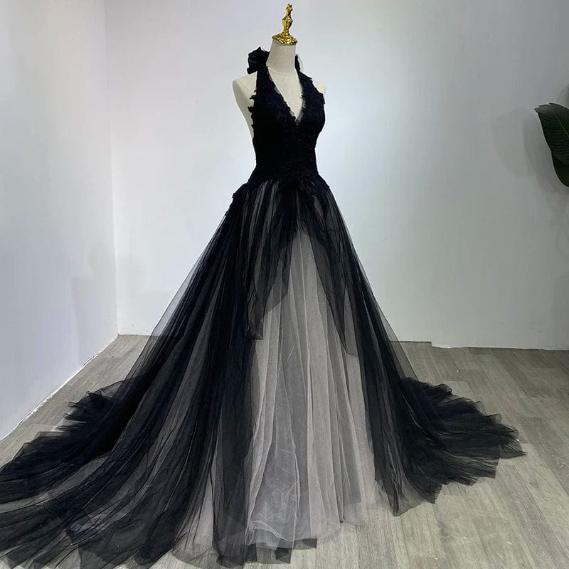 A-line V-neck Black Wedding Dresses Real Photos Floor Length Sleeveless Lace Appliques Tiered Bridal Dress WM06