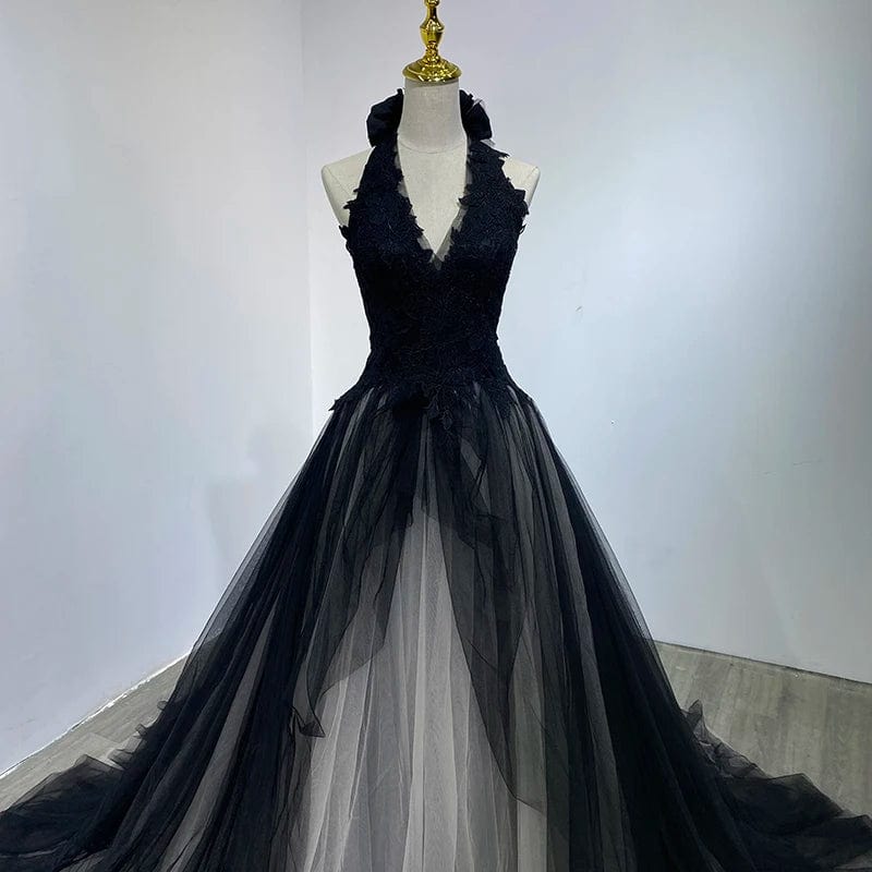 A-line V-neck Black Wedding Dresses Real Photos Floor Length Sleeveless Lace Appliques Tiered Bridal Dress WM06