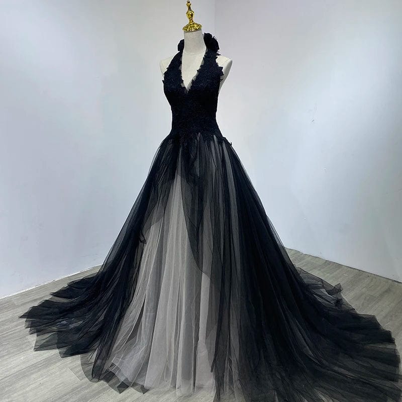 A-line V-neck Black Wedding Dresses Real Photos Floor Length Sleeveless Lace Appliques Tiered Bridal Dress WM06