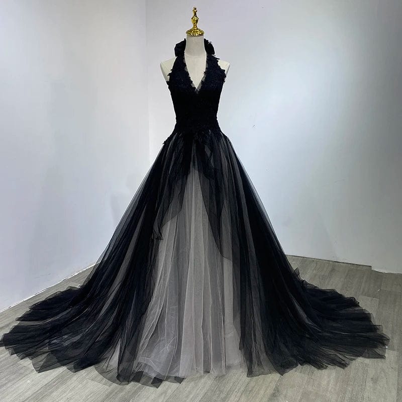 A-line V-neck Black Wedding Dresses Real Photos Floor Length Sleeveless Lace Appliques Tiered Bridal Dress WM06