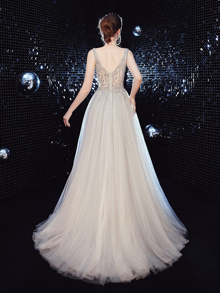 A Line Wedding Dresses Tulle O Neck Backless Floor Length Elegant Mysterious Illusion White Evening dress drop shipping fulfill